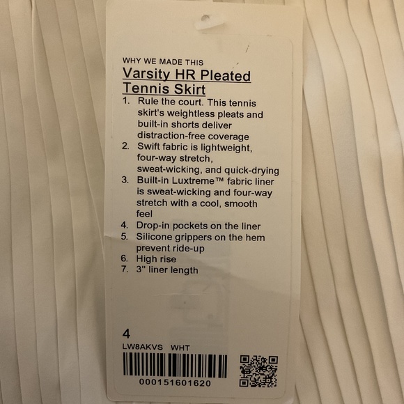 LULULEMON Varsity High Rise Pleated White Skirt, Size 4, NWT - Picture 3 of 6
